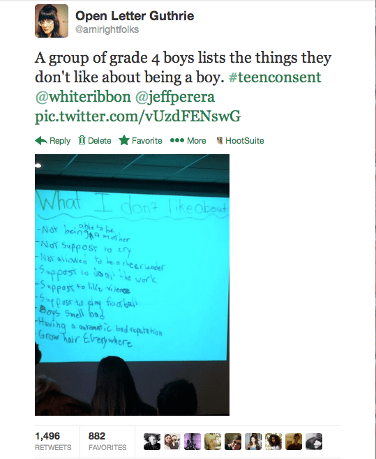 List of things 4th grade boys don't like about being boys, incl. "not able to be a mother," "not suppost to cry," and "suppost to like violence"