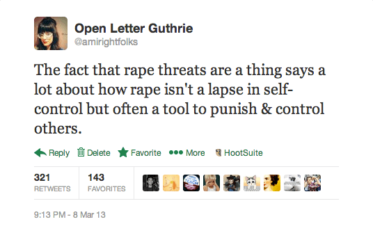Tweet about rape threats as proof that rape is typically about power rather than sex & self-control
